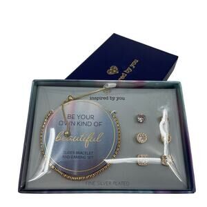 Inspired By You Fine Silver Plated Slider Bracelet & Earrings CZ's Gold Tone